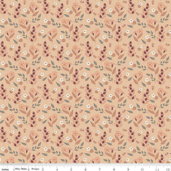 Image of the Evening on the Prairie Autumn Floral Beige quilting cotton fabric by Modern Prairie for Riley Blake Designs. Features plants on an orange background. Cute Little Fabric Shop