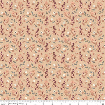 Image of the Evening on the Prairie Autumn Floral Beige quilting cotton fabric by Modern Prairie for Riley Blake Designs. Features plants on an orange background. Cute Little Fabric Shop