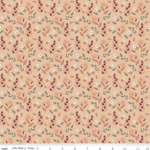 Image of the Evening on the Prairie Autumn Floral Beige quilting cotton fabric by Modern Prairie for Riley Blake Designs. Features plants on an orange background. Cute Little Fabric Shop