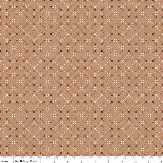 Image of the Evening on the Prairie Geo Floral Sienna quilting cotton fabric by Modern Prairie for Riley Blake Designs. Features geometric designs on an orange background. Cute Little Fabric Shop