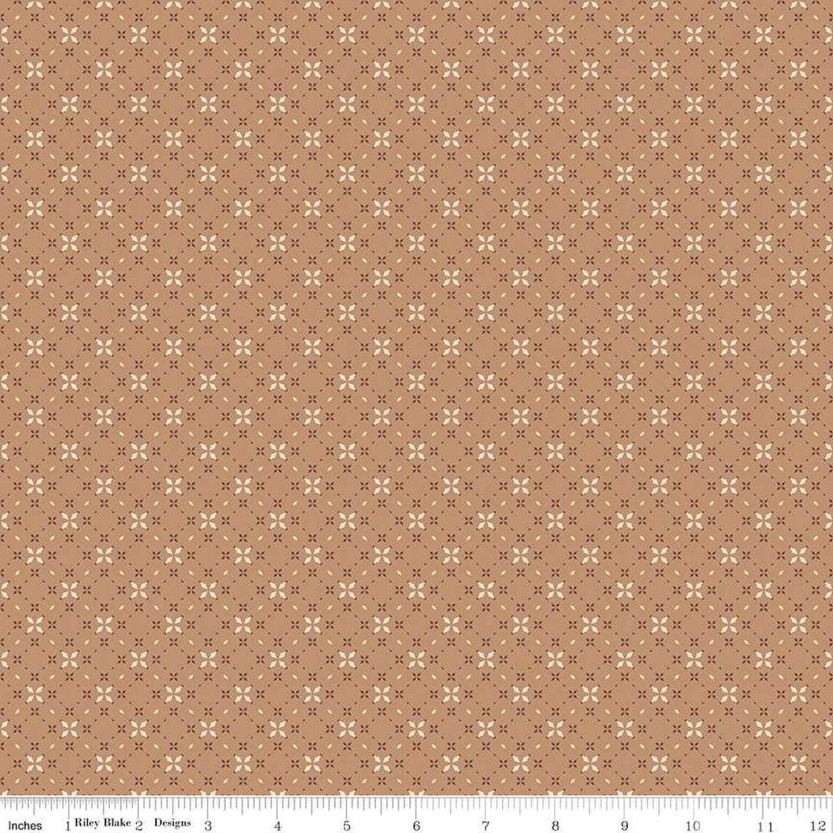 Image of the Evening on the Prairie Geo Floral Sienna quilting cotton fabric by Modern Prairie for Riley Blake Designs. Features geometric designs on an orange background. Cute Little Fabric Shop