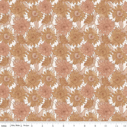 Image of the Evening on the Prairie Sunflower Sienna quilting cotton fabric by Modern Prairie for Riley Blake Designs. Features flowers on an orange background. Cute Little Fabric Shop