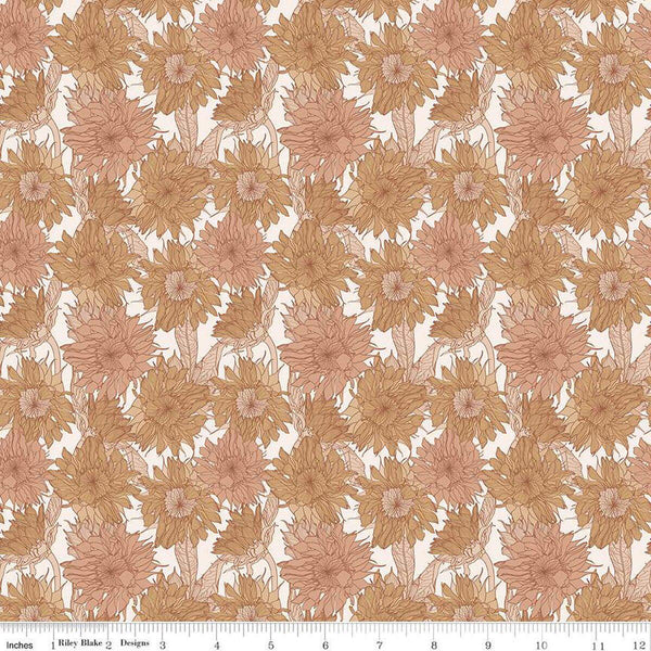 Image of the Evening on the Prairie Sunflower Sienna quilting cotton fabric by Modern Prairie for Riley Blake Designs. Features flowers on an orange background. Cute Little Fabric Shop