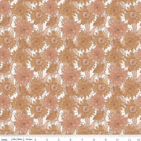 Image of the Evening on the Prairie Sunflower Sienna quilting cotton fabric by Modern Prairie for Riley Blake Designs. Features flowers on an orange background. Cute Little Fabric Shop