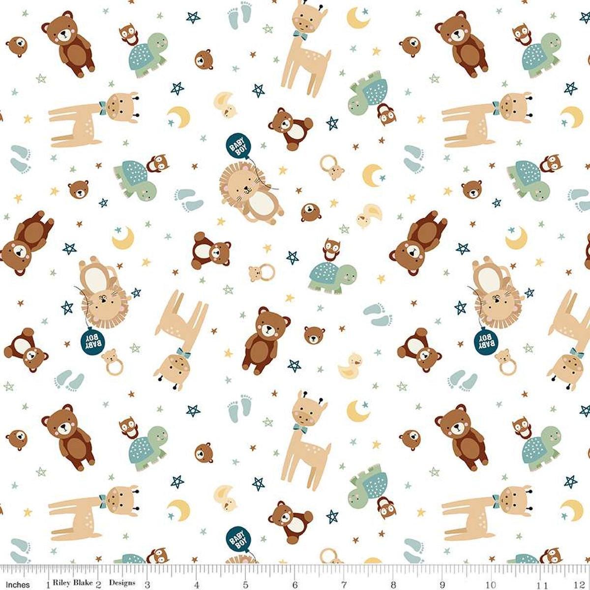 Image of the Baby Boy Animals White quilting cotton fabric by Lori Whitlock for Riley Blake Designs. Features animals on a white background. Cute Little Fabric Shop