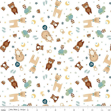 Image of the Baby Boy Animals White quilting cotton fabric by Lori Whitlock for Riley Blake Designs. Features animals on a white background. Cute Little Fabric Shop