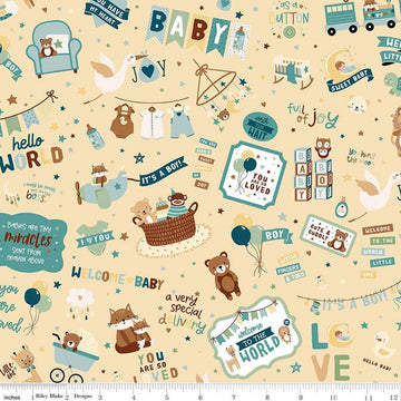 Image of the Baby Boy Main Yellow quilting cotton fabric by Lori Whitlock for Riley Blake Designs. Features toys on a yellow background. Cute Little Fabric Shop