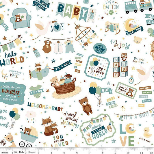 Image of the Baby Boy Main White quilting cotton fabric by Lori Whitlock for Riley Blake Designs. Features toys on a white background. Cute Little Fabric Shop