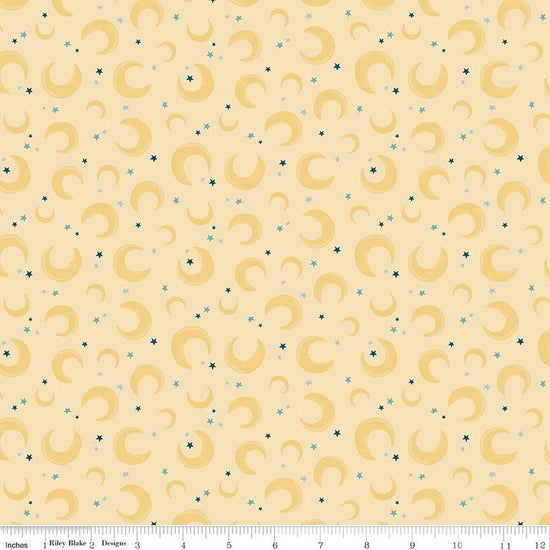Image of the Baby Boy Moons Yellow quilting cotton fabric by Lori Whitlock for Riley Blake Designs. Features moons on a yellow background. Cute Little Fabric Shop