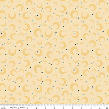 Image of the Baby Boy Moons Yellow quilting cotton fabric by Lori Whitlock for Riley Blake Designs. Features moons on a yellow background. Cute Little Fabric Shop