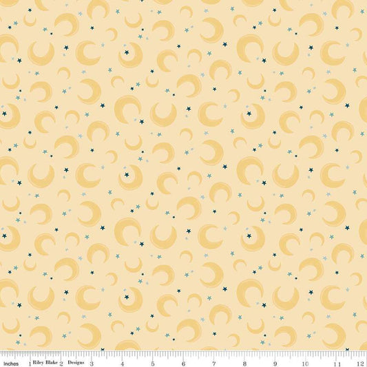 Image of the Baby Boy Moons Yellow quilting cotton fabric by Lori Whitlock for Riley Blake Designs. Features moons on a yellow background. Cute Little Fabric Shop