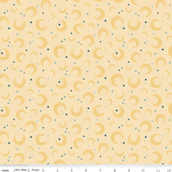 Image of the Baby Boy Moons Yellow quilting cotton fabric by Lori Whitlock for Riley Blake Designs. Features moons on a yellow background. Cute Little Fabric Shop