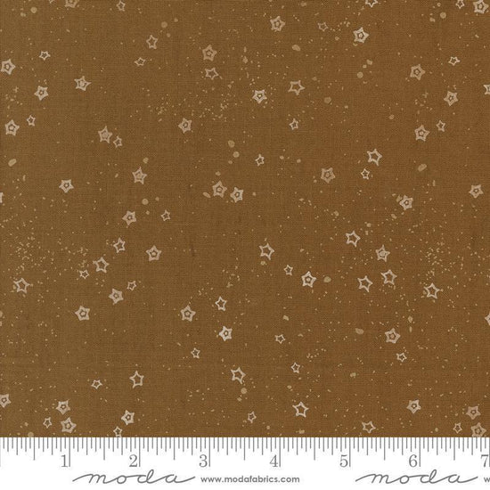 Images of Foraged Found Stardust Cocoa quilting cotton fabric by Fancy That Design House for Moda Fabrics. Features starts on a brown background. Cute Little Fabric Shop