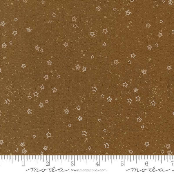 Images of Foraged Found Stardust Cocoa quilting cotton fabric by Fancy That Design House for Moda Fabrics. Features starts on a brown background. Cute Little Fabric Shop