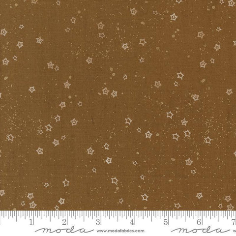 Images of Foraged Found Stardust Cocoa quilting cotton fabric by Fancy That Design House for Moda Fabrics. Features starts on a brown background. Cute Little Fabric Shop