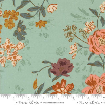Images of Foraged Found Bloom Mist quilting cotton fabric by Fancy That Design House for Moda Fabrics. Features flowers on a blue background. Cute Little Fabric Shop