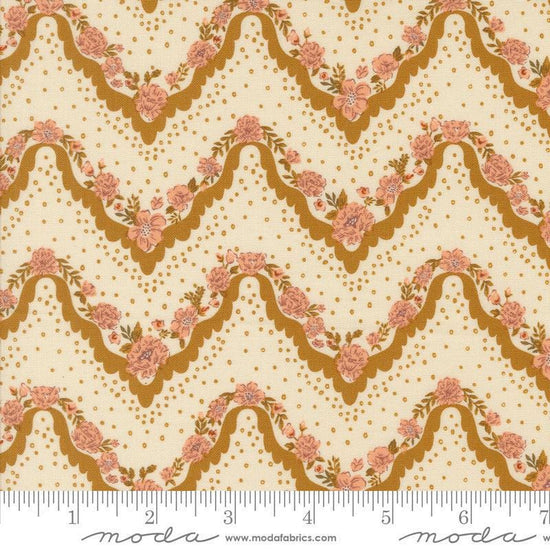 Images of Foraged Found Stripes Caramel quilting cotton fabric by Fancy That Design House for Moda Fabrics. Features chevron on an orange background. Cute Little Fabric Shop