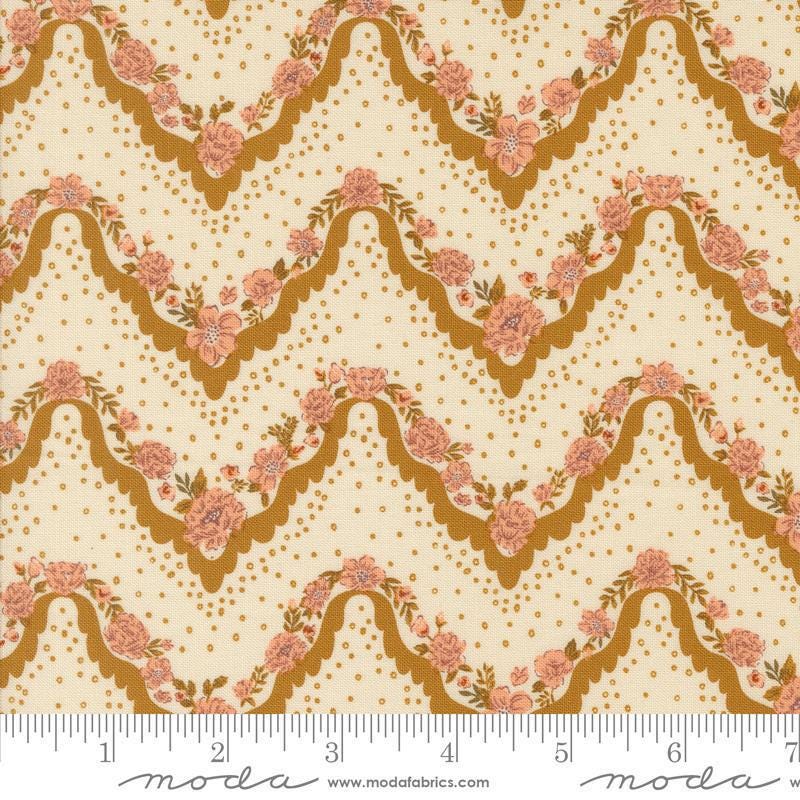 Images of Foraged Found Stripes Caramel quilting cotton fabric by Fancy That Design House for Moda Fabrics. Features chevron on an orange background. Cute Little Fabric Shop