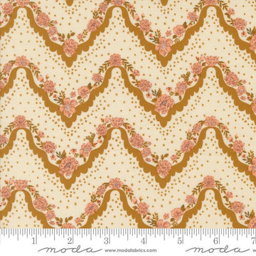 Images of Foraged Found Stripes Caramel quilting cotton fabric by Fancy That Design House for Moda Fabrics. Features chevron on an orange background. Cute Little Fabric Shop
