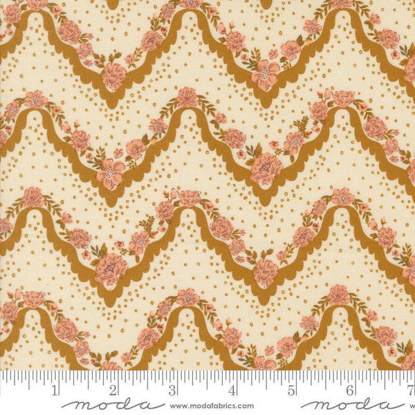 Images of Foraged Found Stripes Caramel quilting cotton fabric by Fancy That Design House for Moda Fabrics. Features chevron on an orange background. Cute Little Fabric Shop