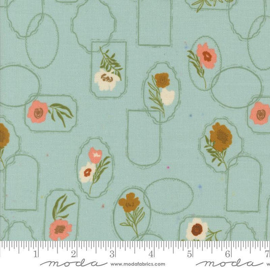 Images of Foraged Found Floral Mist quilting cotton fabric by Fancy That Design House for Moda Fabrics. Features flowers on a blue background. Cute Little Fabric Shop