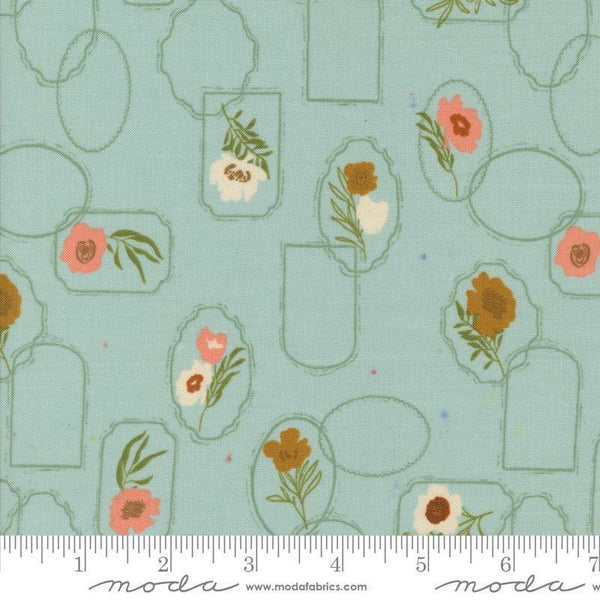 Images of Foraged Found Floral Mist quilting cotton fabric by Fancy That Design House for Moda Fabrics. Features flowers on a blue background. Cute Little Fabric Shop