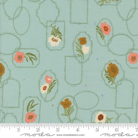 Images of Foraged Found Floral Mist quilting cotton fabric by Fancy That Design House for Moda Fabrics. Features flowers on a blue background. Cute Little Fabric Shop