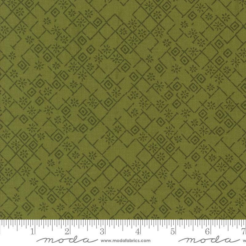 Images of Foraged Found Fractured Fern quilting cotton fabric by Fancy That Design House for Moda Fabrics. Features squares on a green background. Cute Little Fabric Shop