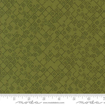 Images of Foraged Found Fractured Fern quilting cotton fabric by Fancy That Design House for Moda Fabrics. Features squares on a green background. Cute Little Fabric Shop