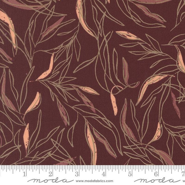 Images of Foraged Found Leaf Merlot quilting cotton fabric by Fancy That Design House for Moda Fabrics. Features leaves on a purple background. Cute Little Fabric Shop