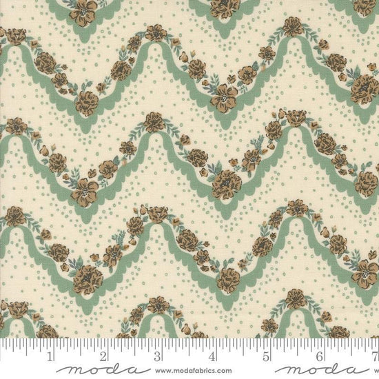 Images of Foraged Found Stripes Mist quilting cotton fabric by Fancy That Design House for Moda Fabrics. Features chevron on a green background. Cute Little Fabric Shop