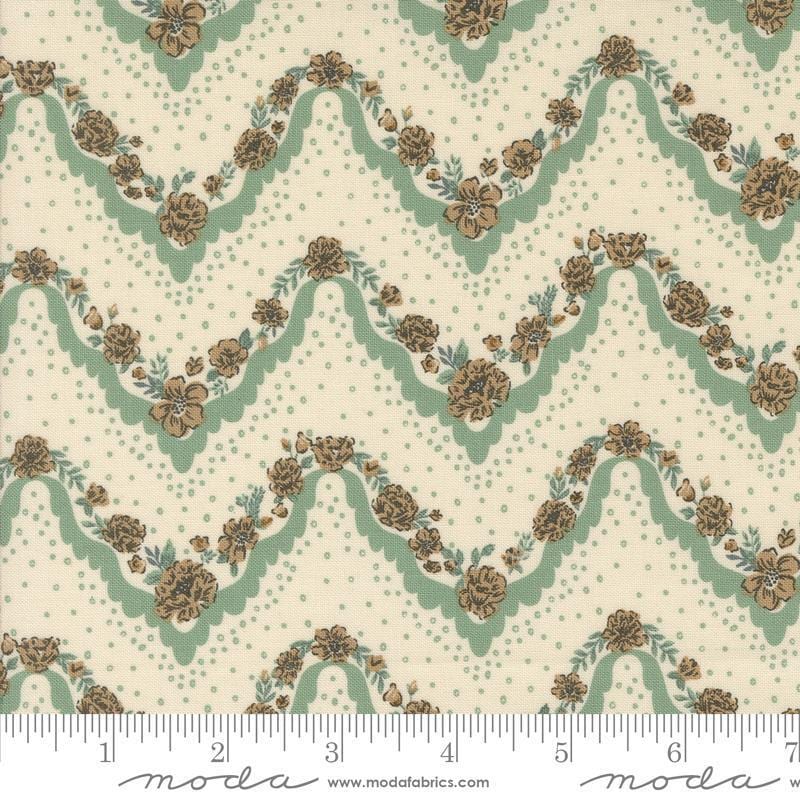 Images of Foraged Found Stripes Mist quilting cotton fabric by Fancy That Design House for Moda Fabrics. Features chevron on a green background. Cute Little Fabric Shop