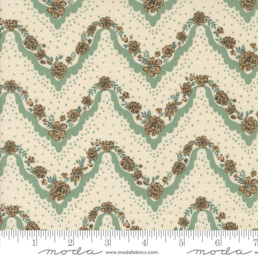 Images of Foraged Found Stripes Mist quilting cotton fabric by Fancy That Design House for Moda Fabrics. Features chevron on a green background. Cute Little Fabric Shop