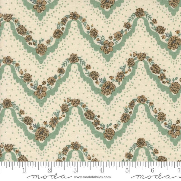 Images of Foraged Found Stripes Mist quilting cotton fabric by Fancy That Design House for Moda Fabrics. Features chevron on a green background. Cute Little Fabric Shop