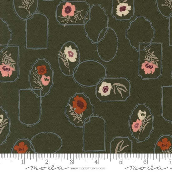 Images of Foraged Found Floral Pine quilting cotton fabric by Fancy That Design House for Moda Fabrics. Features flowers on a green background. Cute Little Fabric Shop