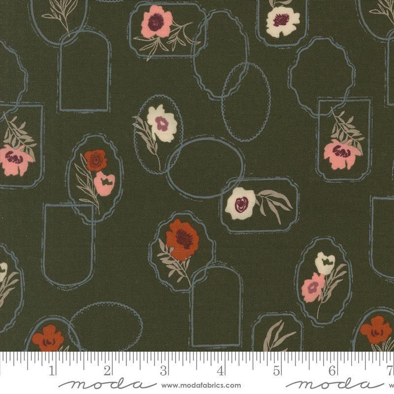 Images of Foraged Found Floral Pine quilting cotton fabric by Fancy That Design House for Moda Fabrics. Features flowers on a green background. Cute Little Fabric Shop