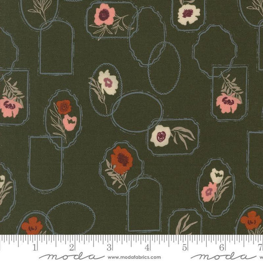 Images of Foraged Found Floral Pine quilting cotton fabric by Fancy That Design House for Moda Fabrics. Features flowers on a green background. Cute Little Fabric Shop