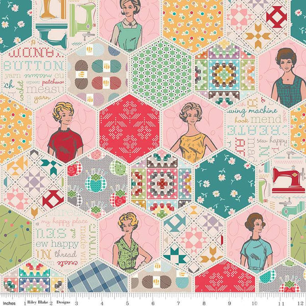 SALE Sew Happy! Hexi C16730 Multi by Riley Blake Designs - Sewing Hexagons - Lori Holt - Quilting Cotton Fabric