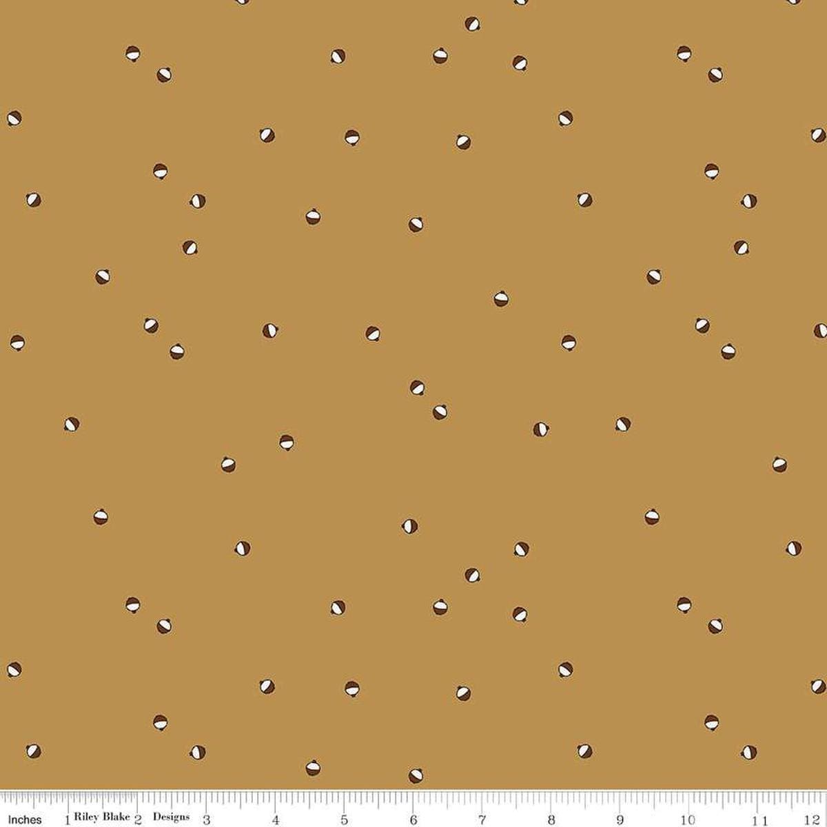 Image of Let's Wander Bobbers Golden quilting cotton fabric by Casey Cometti for Riley Blake Designs. Features bobbers on a gold background. Cute Little Fabric Shop