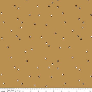 Image of Let's Wander Bobbers Golden quilting cotton fabric by Casey Cometti for Riley Blake Designs. Features bobbers on a gold background. Cute Little Fabric Shop