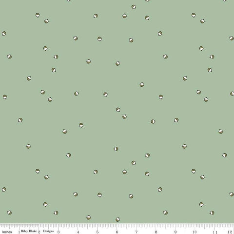 Image of Let&#39;s Wander Bobbers Sage quilting cotton fabric by Casey Cometti for Riley Blake Designs. Features bobbers on a green background. Cute Little Fabric Shop