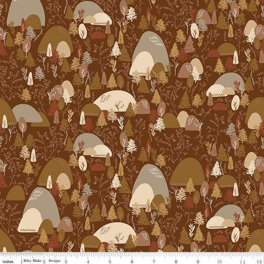 Image of Let's Wander Mountain Music Brown quilting cotton fabric by Casey Cometti for Riley Blake Designs. Features trees on a brown background. Cute Little Fabric Shop