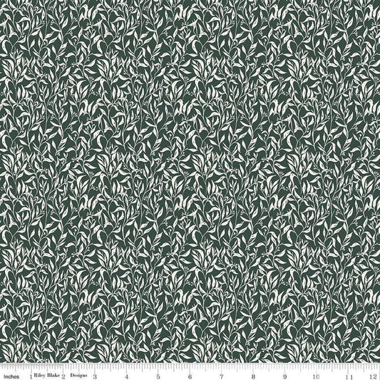 Image of Let's Wander Leaflets Forest quilting cotton fabric by Casey Cometti for Riley Blake Designs. Features leaves on a green background. Cute Little Fabric Shop