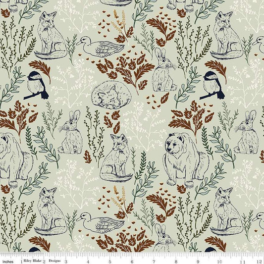 Image of Let's Wander Main Mist quilting cotton fabric by Casey Cometti for Riley Blake Designs. Features plants on a green background. Cute Little Fabric Shop
