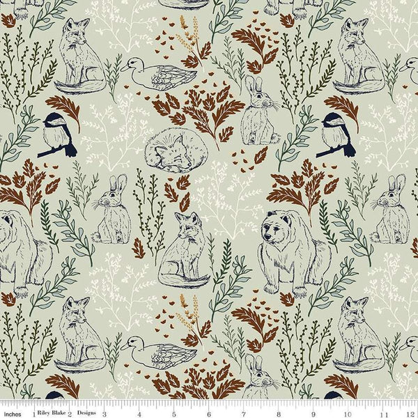 Image of Let&#39;s Wander Main Mist quilting cotton fabric by Casey Cometti for Riley Blake Designs. Features plants on a green background. Cute Little Fabric Shop