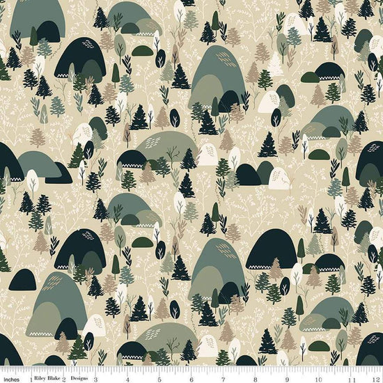 Image of Let's Wander Mountain Music Stone quilting cotton fabric by Casey Cometti for Riley Blake Designs. Features trees on a cream background. Cute Little Fabric Shop