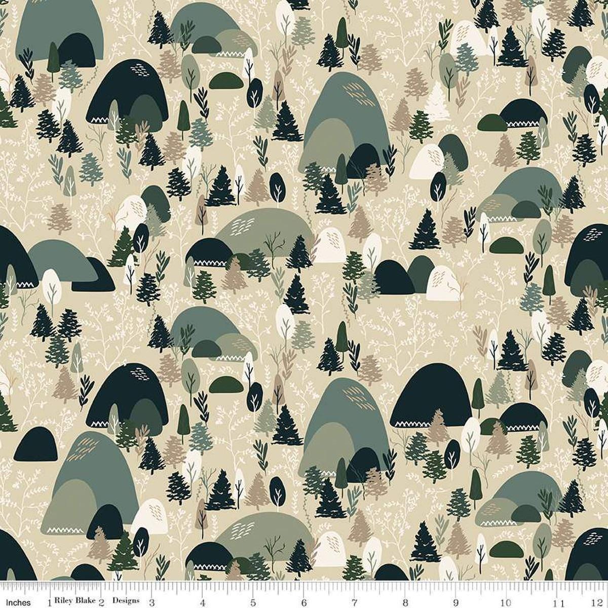 Image of Let's Wander Mountain Music Stone quilting cotton fabric by Casey Cometti for Riley Blake Designs. Features trees on a cream background. Cute Little Fabric Shop