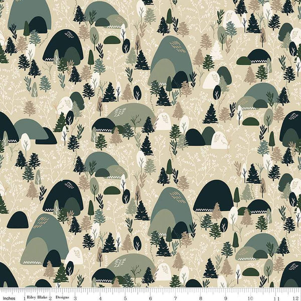 Image of Let&#39;s Wander Mountain Music Stone quilting cotton fabric by Casey Cometti for Riley Blake Designs. Features trees on a cream background. Cute Little Fabric Shop