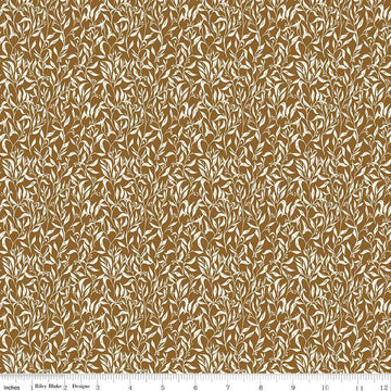 Image of Let's Wander Leaflets Brown quilting cotton fabric by Casey Cometti for Riley Blake Designs. Features leaves on a brown background. Cute Little Fabric Shop