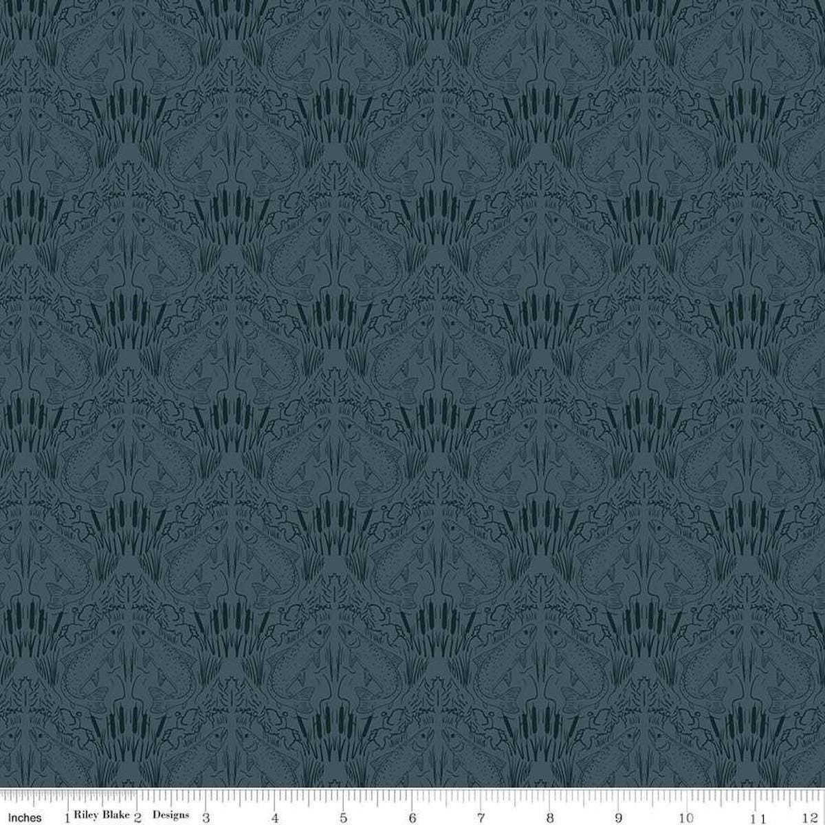 Image of Let's Wander First Catch Blue quilting cotton fabric by Casey Cometti for Riley Blake Designs. Features fish on a blue background. Cute Little Fabric Shop